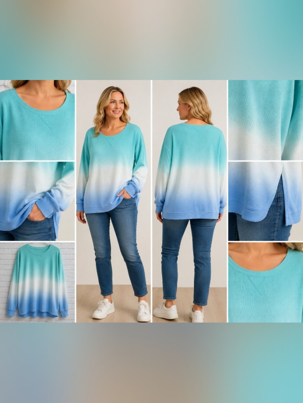 splendid women’s ombre thermal pullover turquoise blue waffle knit size m